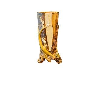 Vintage Rare Unique Rustic Ceramic Tree Trunk Vase Frog Flowers 9” Marked B- 226